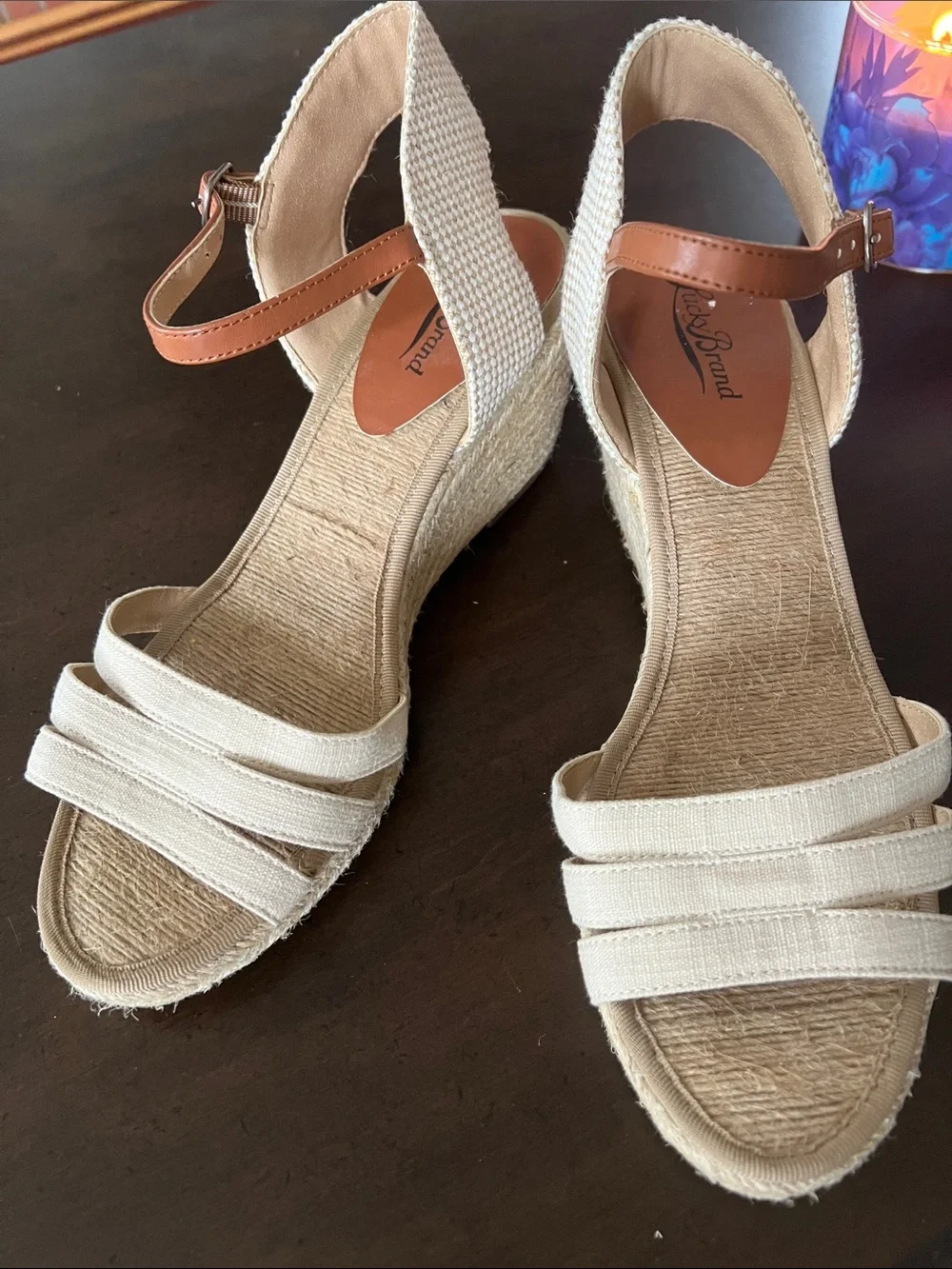 Lucky Brand Mindra boho cream Espadrille Wedge Brown Ankle Strap Size 10 NEW